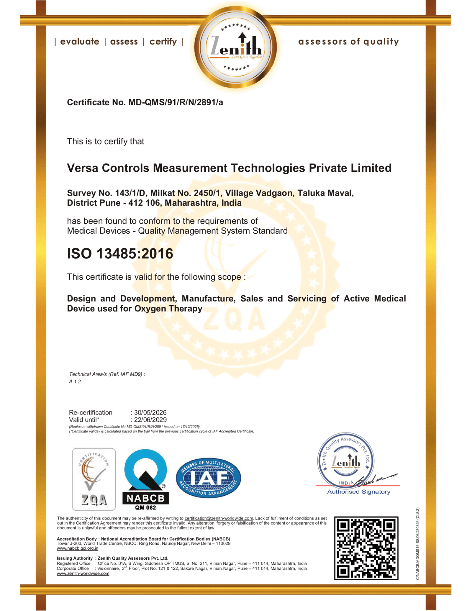 ISO 13485:2016 NABCB certificate — Versa Controls