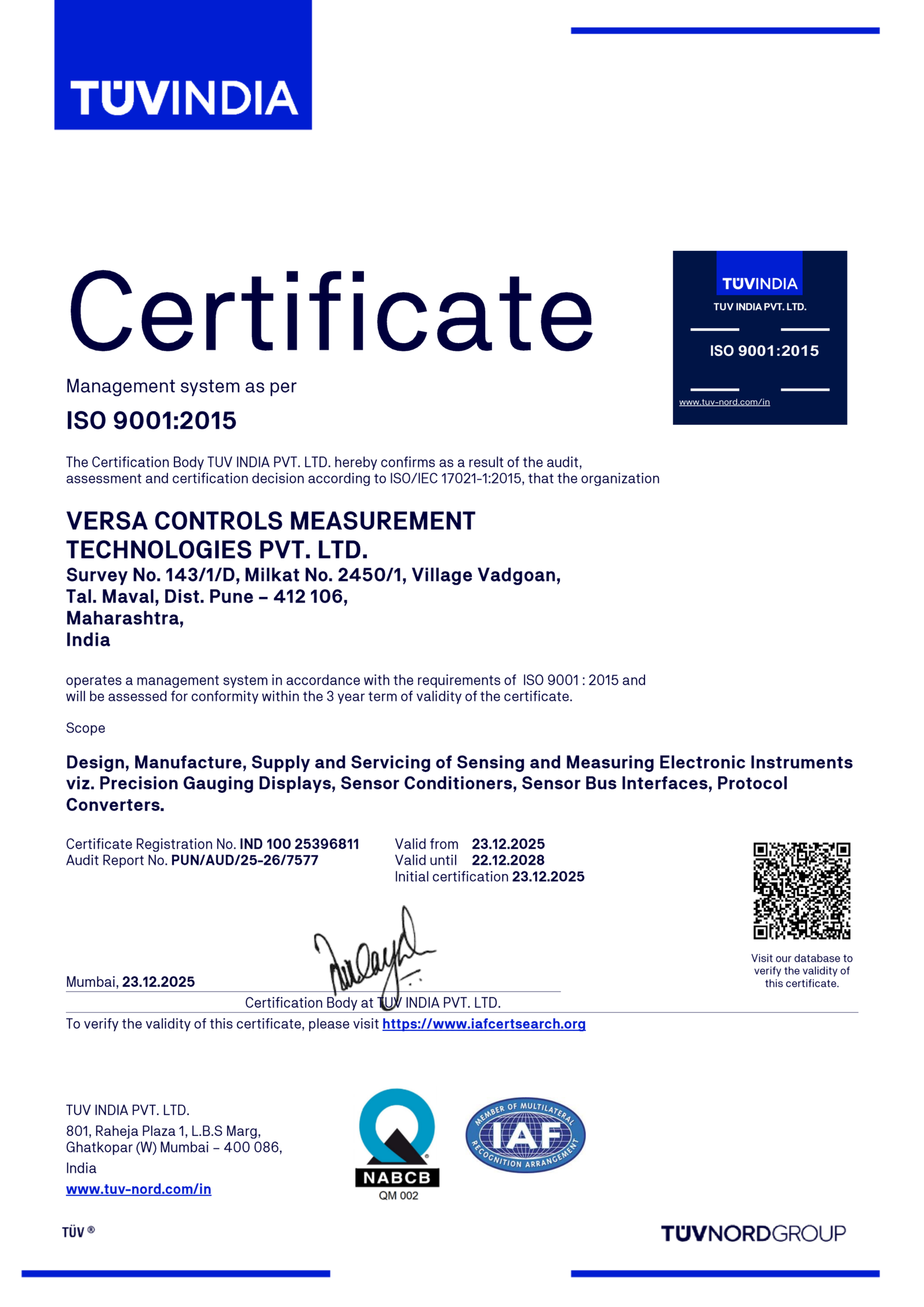 ISO 9001 NABCB certificate — Versa Controls Measurement Technologies Pvt. Ltd